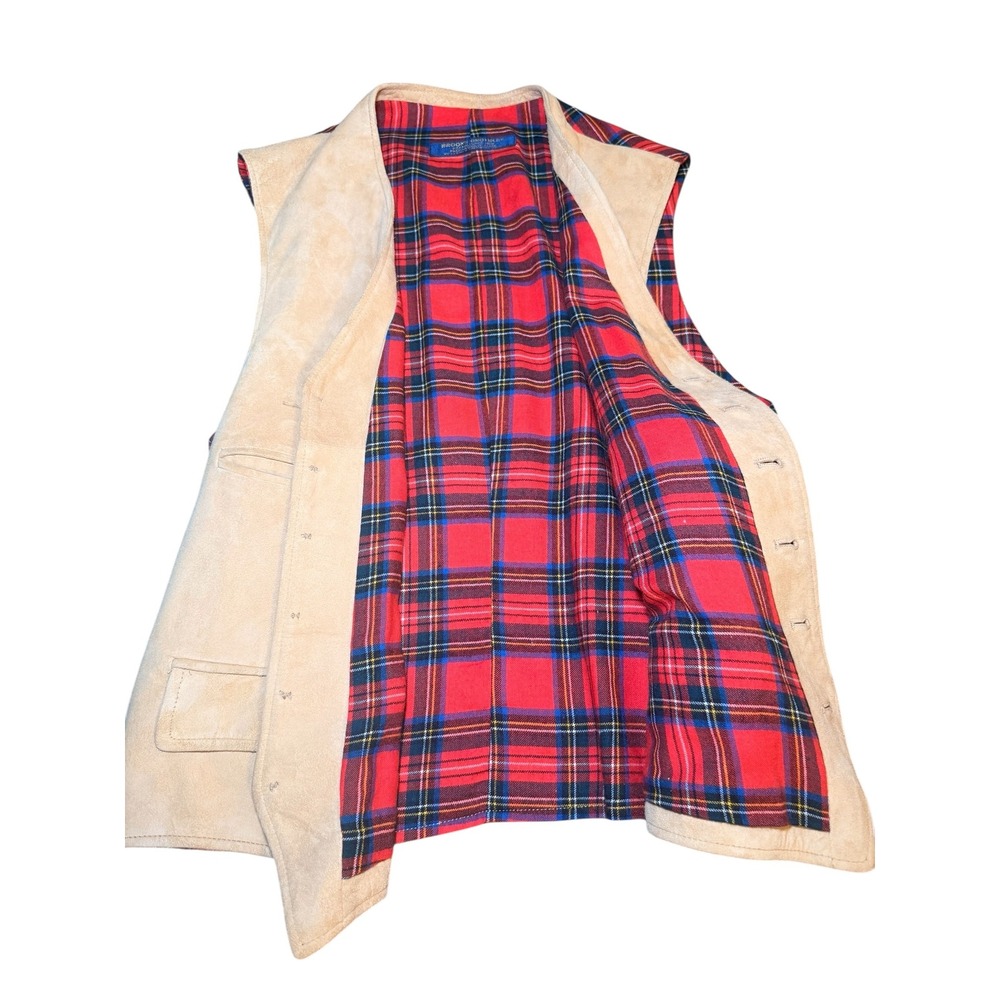 Brooks Brothers Mens M Tan Suede Leather Vest Red Tartan Plaid Back Waistcoat - Picture 5 of 10